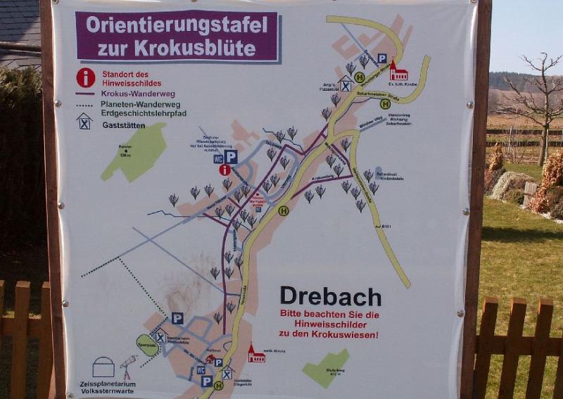 Orientační mapka obce s vyznačenými loukami s kvetoucími krokusy | Drebach